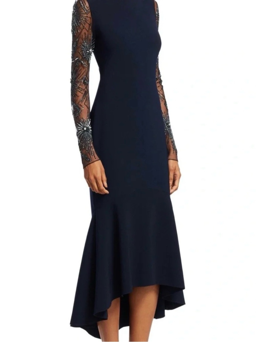 THEIA Elegant Navy Maxi Dress with Embellished Illusion Sleeves